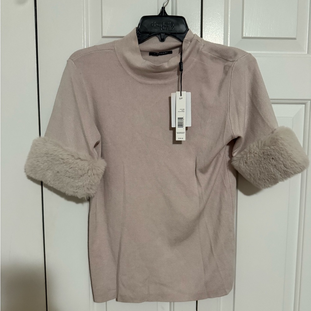 T Tahari Light Beige Top with Faux Fur Sleeves